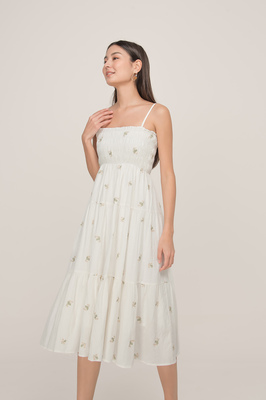 Clove Embroidered Shirred Midi Dress