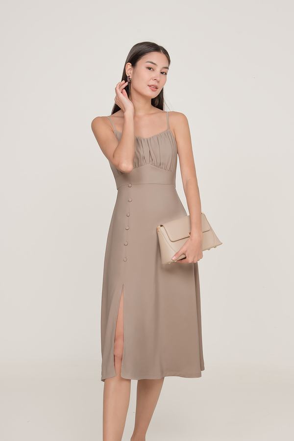 Via Ruched Slit Midi Dress