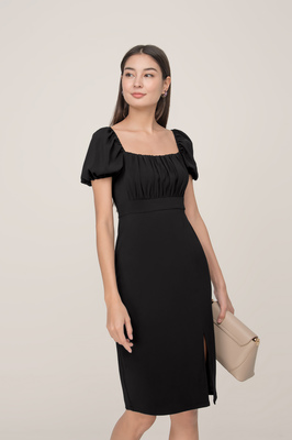 Genevieve Puff Sleeve Slit Midi Dress