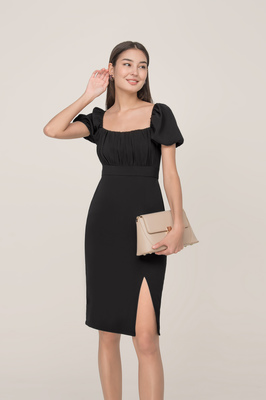 Genevieve Puff Sleeve Slit Midi Dress