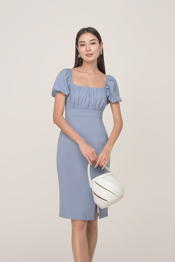 Genevieve Puff Sleeve Slit Midi Dress