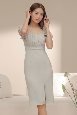 Genevieve Puff Sleeve Slit Midi Dress