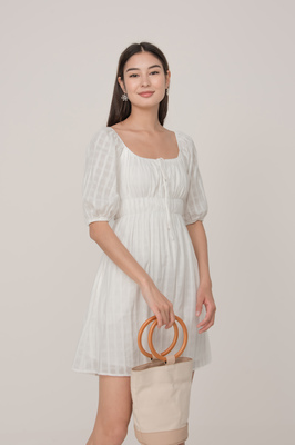 Lattice Shirred Sleeve Pocket Dress