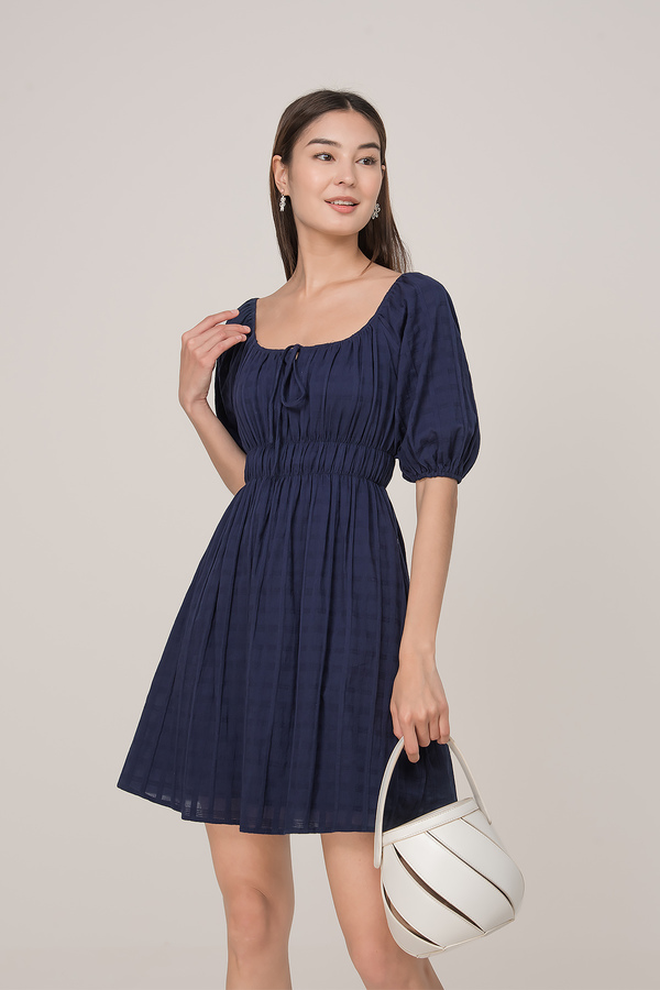 Lattice Shirred Sleeve Pocket Dress