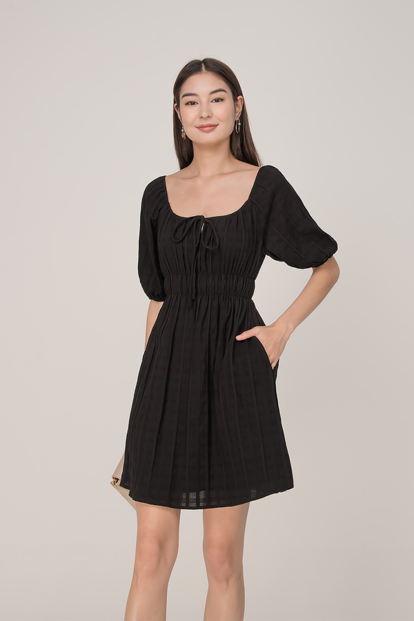 Lattice Shirred Sleeve Pocket Dress