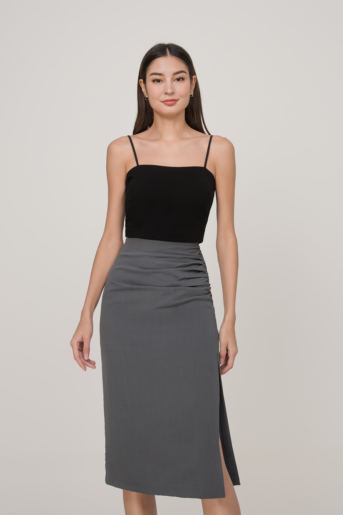 Ruched Skirt Outfit Black Midi Skirt Ribbed Rib Ruched Side Top