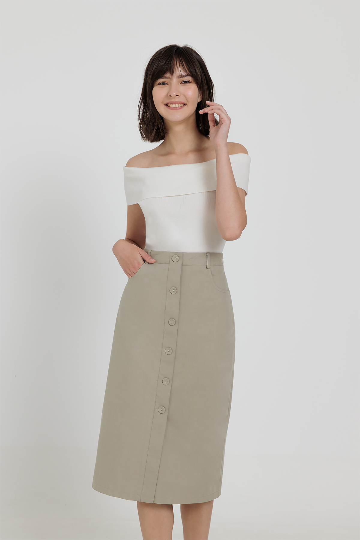 Button down midi shop skirt with pockets