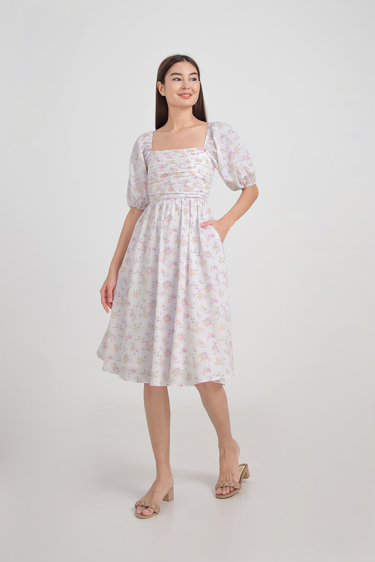 ruched puff sleeve midi dress Square Neck Puff Sleeve Ruched Bust Midi Dress, White / XS