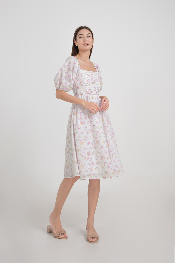 Amaryllis Ruched Puff Sleeve Midi Dress