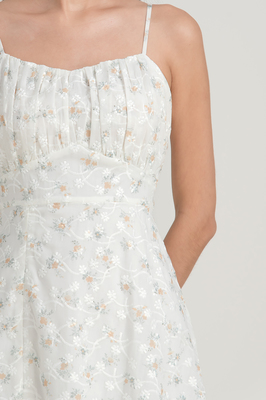 Freesia Embroidered Ruched Slit Midi Dress