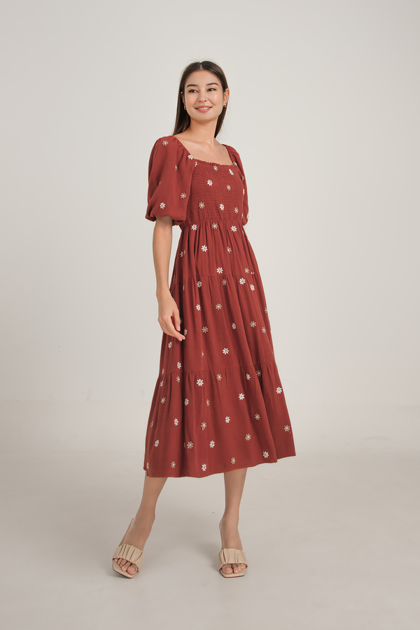 Savanna Puff Sleeve Shirred Midi Dress