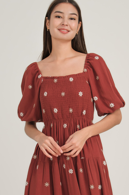 Savanna Puff Sleeve Shirred Midi Dress