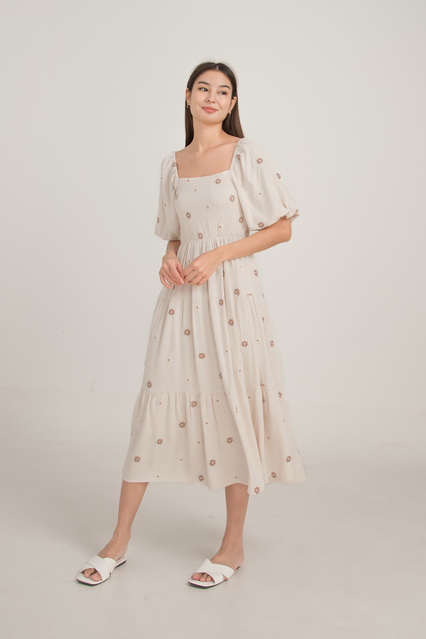 Savanna Puff Sleeve Shirred Midi Dress