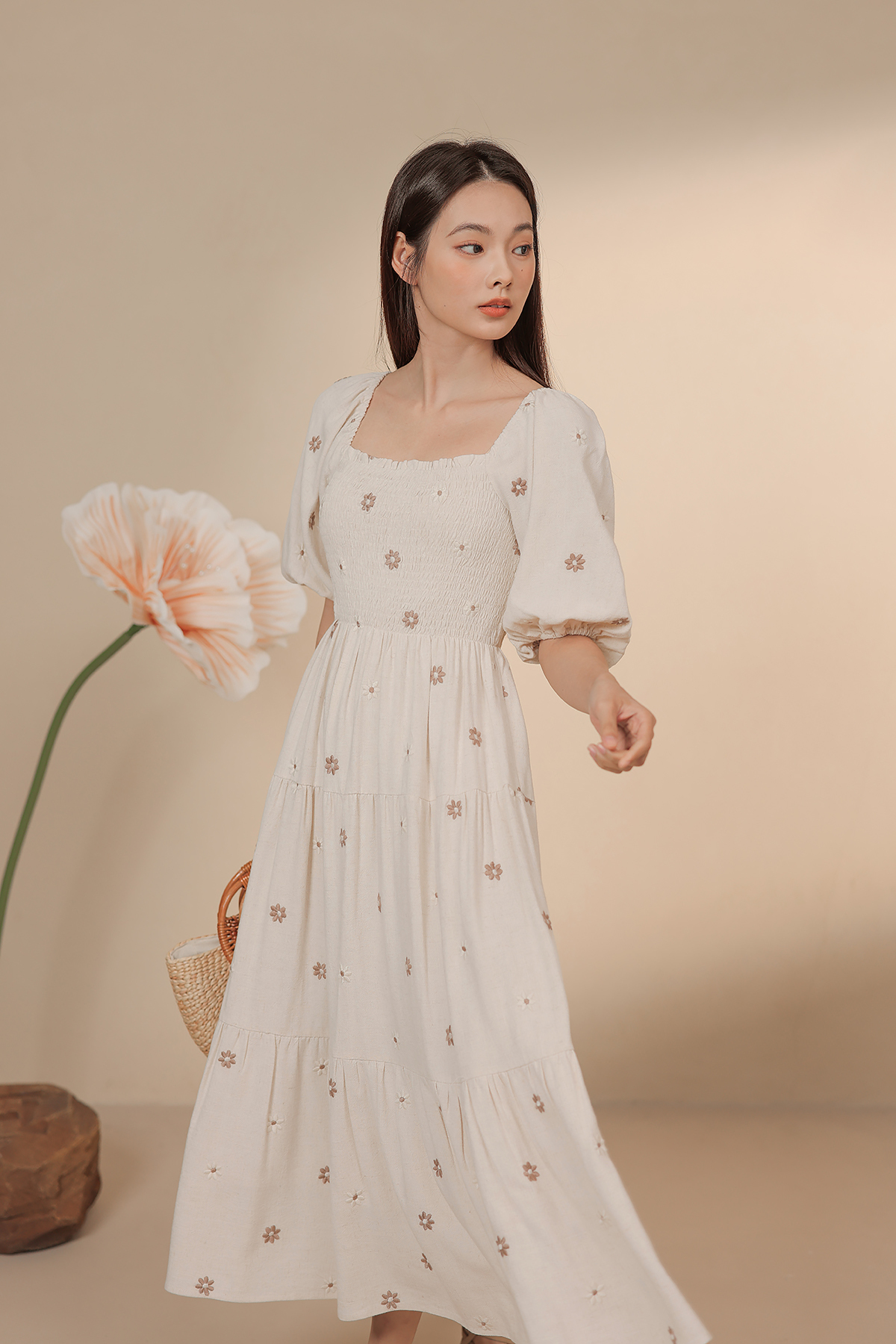 fancy midi dresses with sleeves Savor the Season 100% Cotton Ivory Long Sleeve Midi Dress