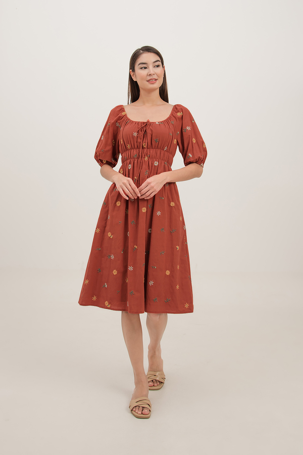 Laguna Embroidered Shirred Midi Dress
