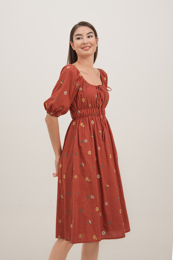 Laguna Embroidered Shirred Midi Dress