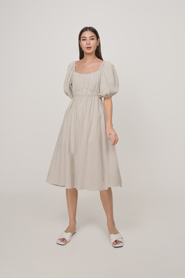 *Defect* Layla Shirred Linen Midi Dress