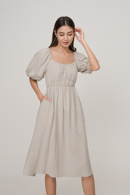 *Defect* Layla Shirred Linen Midi Dress