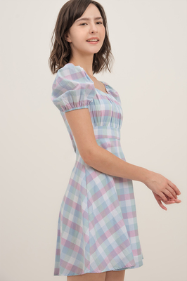 Dakota Gingham Ruched Puff Sleeve Dress